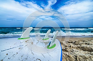 Surfboard and fins awaiting to get into ocean water