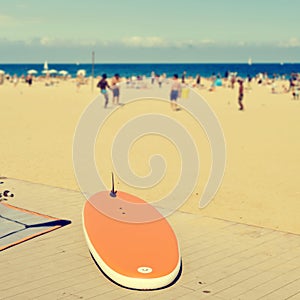 Surfboard at La Barceloneta Beach, in Barcelona, Spain