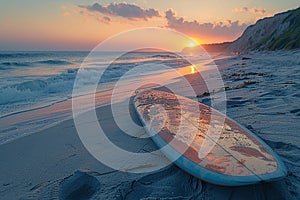 Surfboard lying on a sandy beach at dawn