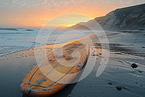 Surfboard lying on a sandy beach at dawn