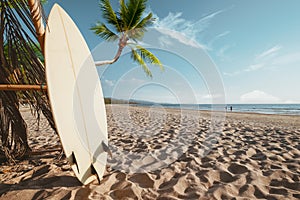 Surfboard and palm tree on beach background with people photo