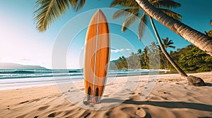 Surfboard and palm tree on beach with beach sign for surfing area. Generative Ai