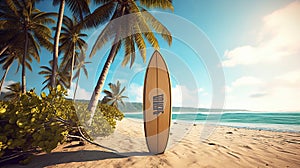 Surfboard and palm tree on beach with beach sign for surfing area. Generative Ai