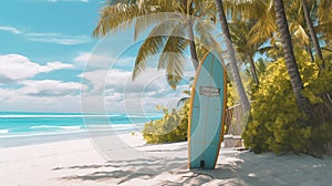 Surfboard and palm tree on beach with beach sign for surfing area. Generative Ai