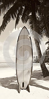 Surfboard and Palm Tree on Sandy Beach photo