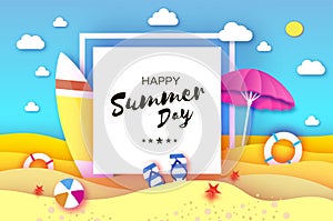 Surfboard. Pink parasol - umbrella in paper cut style. Origami sea and beach with lifebuoy. Sport ball game. Flipflops