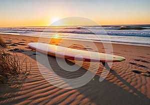 A surfboard rests on a sandy beach during sunrise. The surfboard