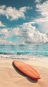 Surfboard on sandy tropical beach. Ocean waves at the background