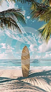 Surfboard on sandy tropical beach. Ocean waves at the background