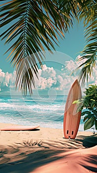 Surfboard on sandy tropical beach. Ocean waves at the background