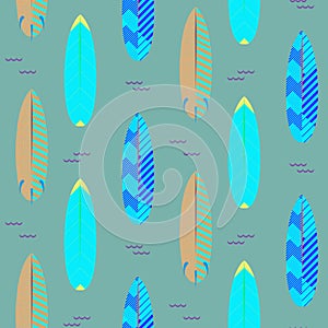 Surfboard seamless vector pattern. Blue and cyan striped boards on white.