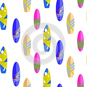 Surfboard seamless vector pattern. Multicolor boards on white.