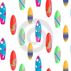 Surfboard seamless vector pattern. Multicolor boards on white.