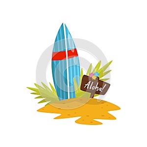 Surfboard and signboard with Aloha word, surfboard on tropical Hawaiian beach vector Illustration on a white background
