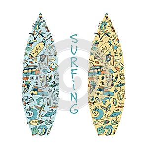 Surfboard sketch, design made from surf icons set