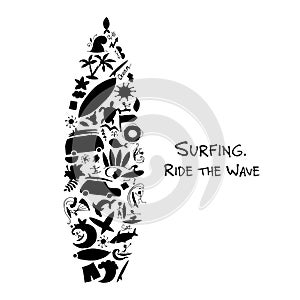 Surfboard sketch, design made from surf icons set