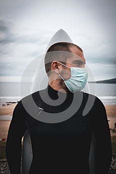 Surfboard Surfer, Man in Mask and Wetsuit on the Beach