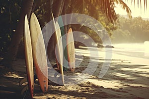 Surfboard on tropical beach background. Vintage tone color style. Generative ai