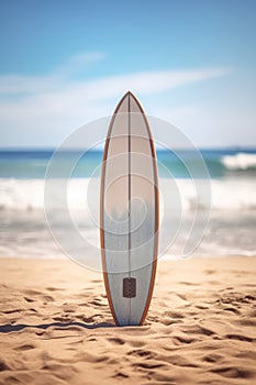 Surfboard on tropical beach background. Vintage tone color style. Generative ai