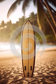 Surfboard on tropical beach background. Vintage tone color style. Generative ai