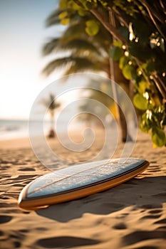 Surfboard on tropical beach background. Vintage tone color style. Generative ai