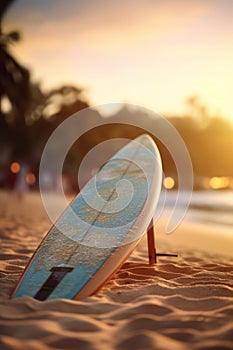 Surfboard on tropical beach background. Vintage tone color style. Generative ai