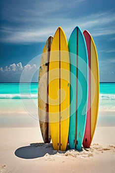 Surfboard on tropical beach background. Vintage tone color style. Generative ai