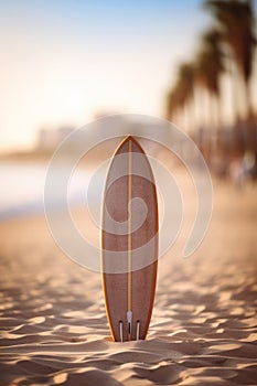 Surfboard on tropical beach background. Vintage tone color style. Generative ai