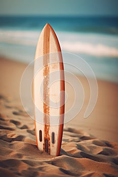 Surfboard on tropical beach background. Vintage tone color style. Generative ai