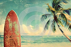 Surfboard on tropical beach background. Vintage tone color style. Generative ai