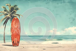 Surfboard on tropical beach background. Vintage tone color style. Generative ai