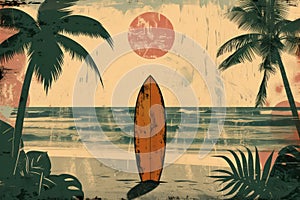 Surfboard on tropical beach background. Vintage tone color style. Generative ai