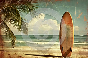 Surfboard on tropical beach background. Vintage tone color style. Generative ai