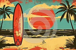 Surfboard on tropical beach background. Vintage tone color style. Generative ai