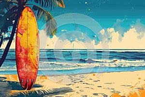 Surfboard on tropical beach background. Vintage tone color style. Generative ai