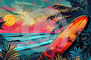 Surfboard on tropical beach background. Vintage tone color style. Generative ai