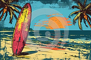 Surfboard on tropical beach background. Vintage tone color style. Generative ai