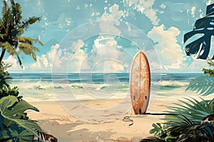 Surfboard on tropical beach background. Vintage tone color style. Generative ai