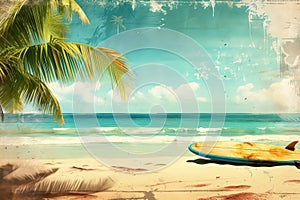 Surfboard on tropical beach background. Vintage tone color style. Generative ai