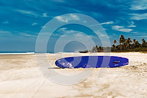 Surfboard on a tropical beach overlooking the ocean, blue sky background. Colored Board for surfing on the sand
