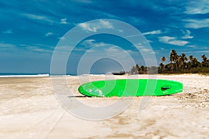 Surfboard on a tropical beach overlooking the ocean, blue sky background. Colored Board for surfing on the sand