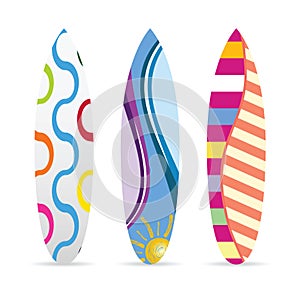 Surfboard with various icon on it set illustration