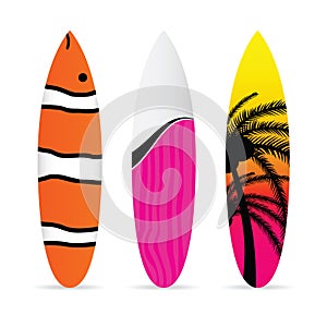 Surfboard with various item icon on it set illustration