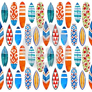 Surfboard watercolor seamless pattern.