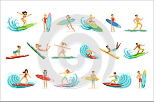 Surfboarders riding on waves set, surfer men with surfboards in different poses vector Illustrations