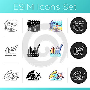 Surfboarding icons set