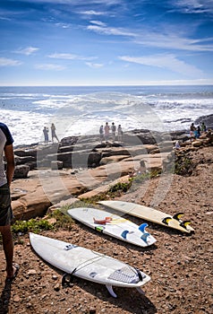 surfboards at anchor point,Taghazout surf village,agadir,morocco