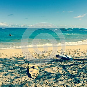 Surfboards on a beach in Maui