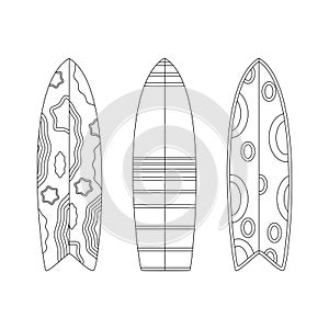 Surfboards. Beach set for summer trips. Vacation accessories for sea vacations. Line art