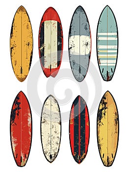 Surfboards grunge texture vintage old wood boards for beach surf sea sport set vector illustration